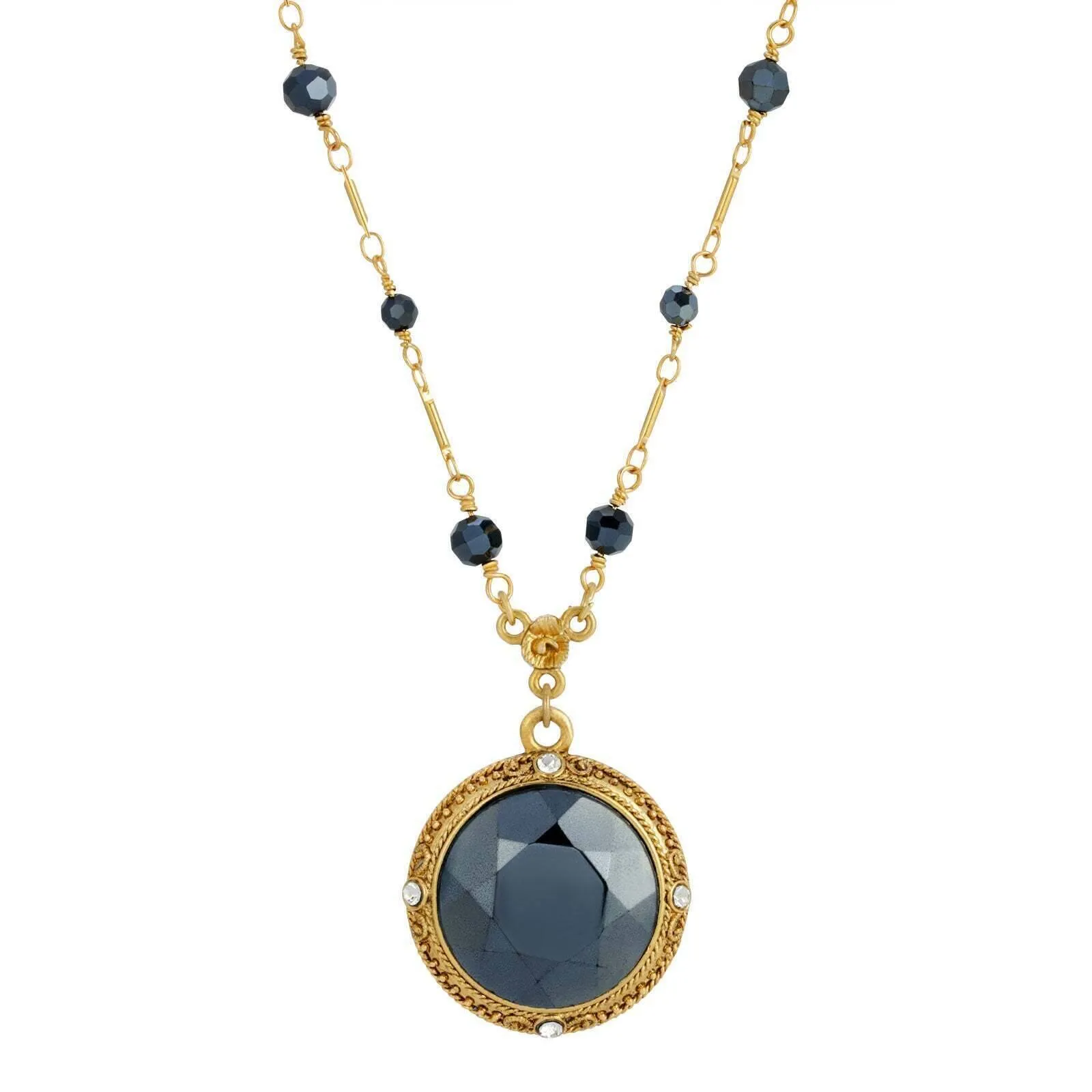 1928 Jewelry Round Faceted Hematite Glass Stone Pendant Necklace 16"   3" Extender 1928 Jewelry