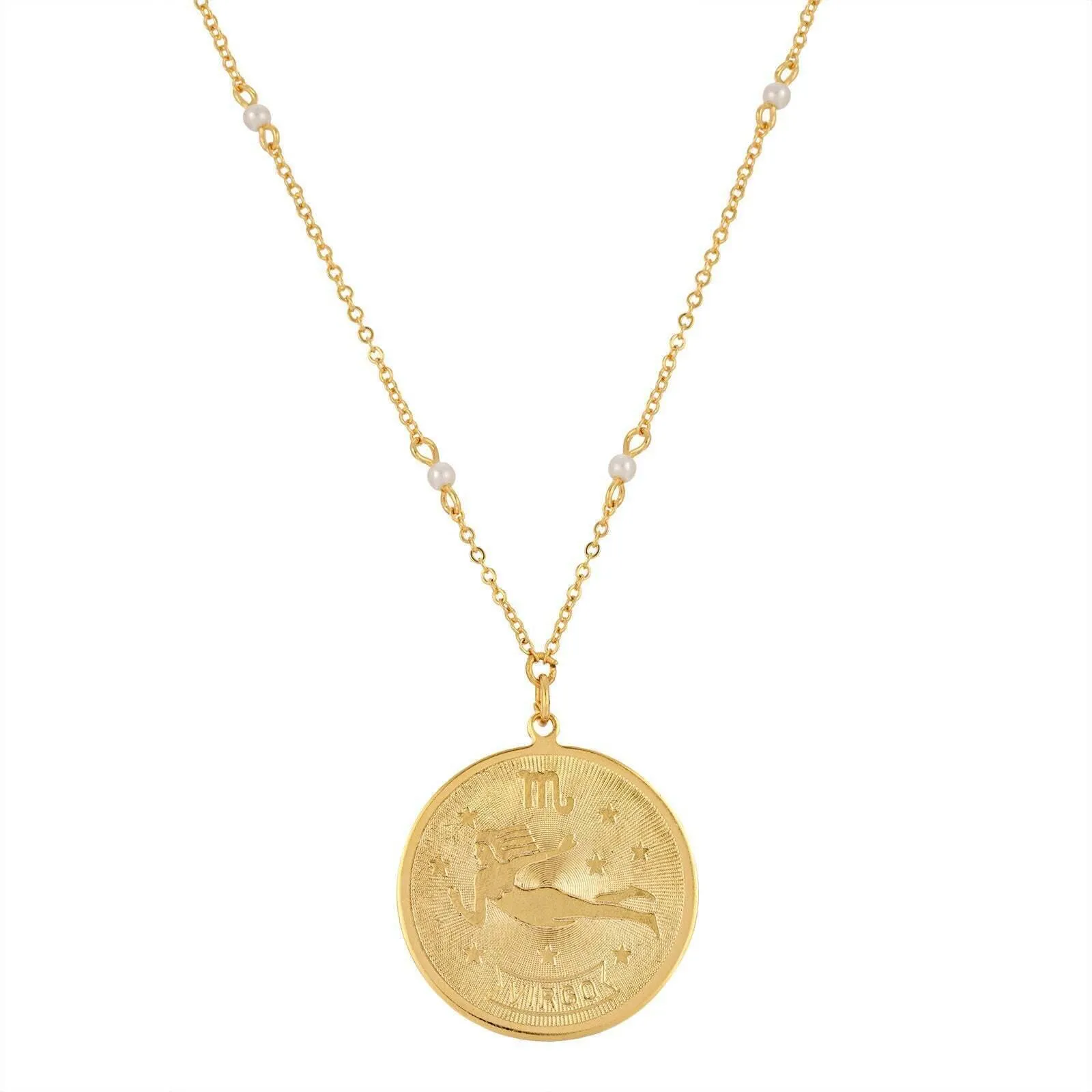 1928 Jewelry Round Zodiac Pendant Necklace With Faux Pearl Accents 20" 1928 Jewelry