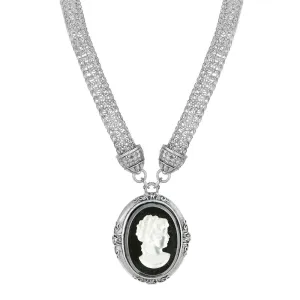 1928 Jewelry Signature Black Glass White Frost Cameo Pendant Mesh Tube Chain Necklace 18" 1928 Jewelry