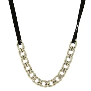 1928 Jewelry Silver Double Curb Chain Black Suede Necklace 16"   3" Extender 1928 Jewelry