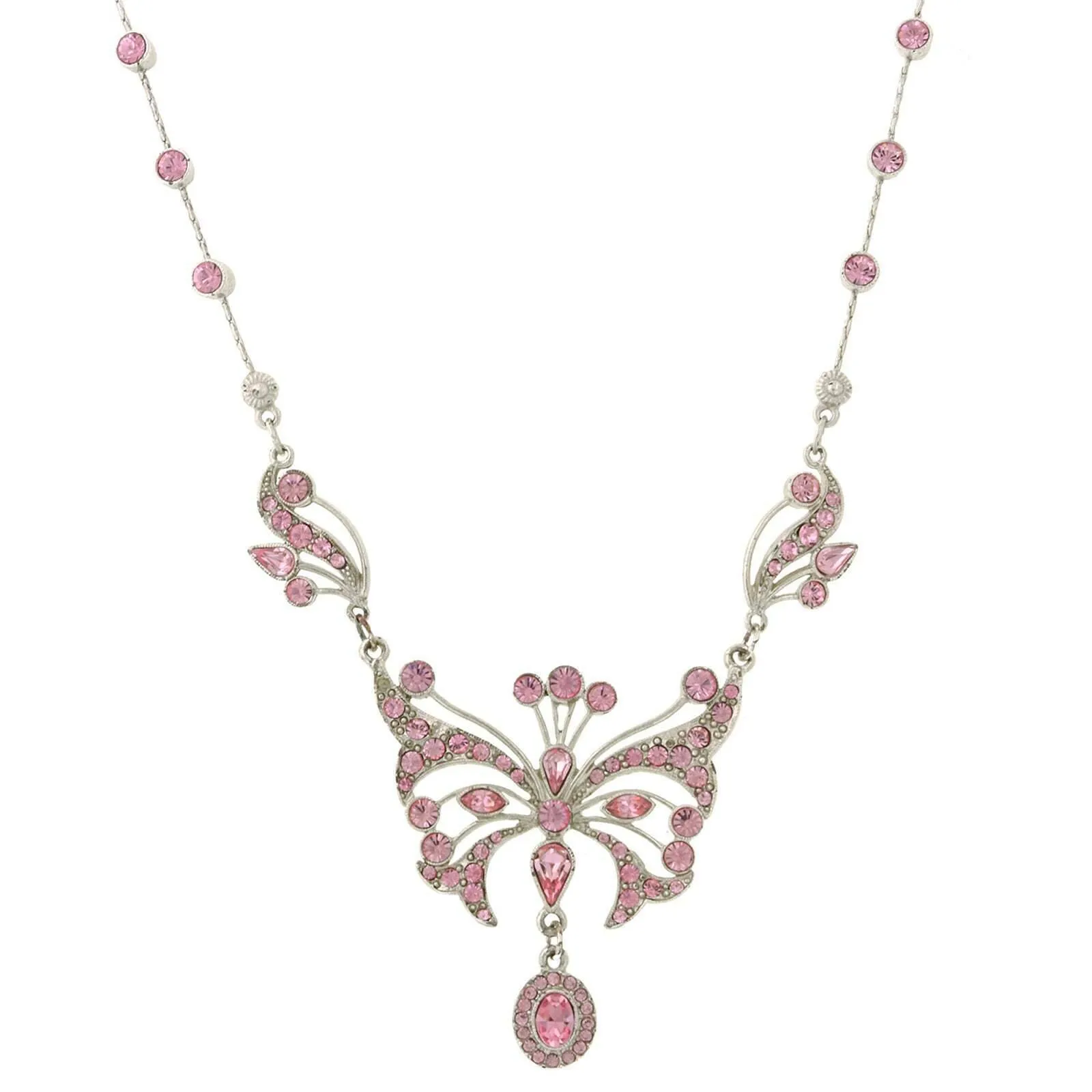 1928 Jewelry Silver With Pink Austrian Crystal Butterfly Pendant Necklace 15"   3" Extender In Box 1928 Jewelry