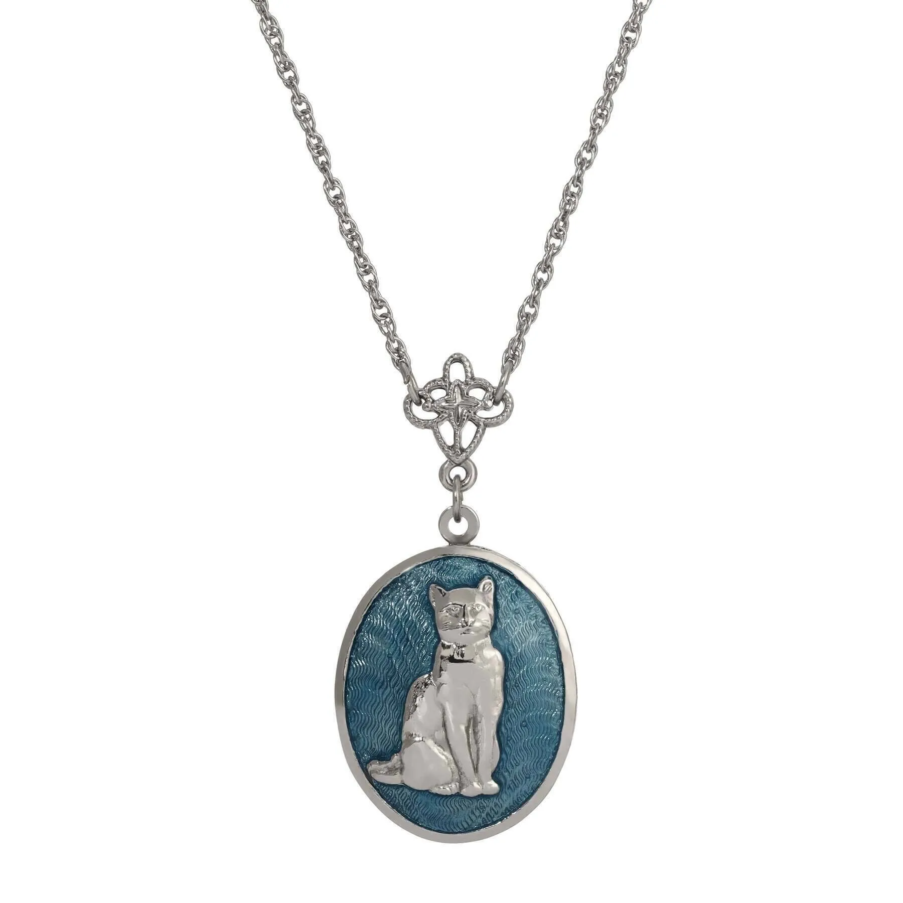 1928 Jewelry Sitting Cat Oval Enamel Locket Necklace 24" 1928 Jewelry