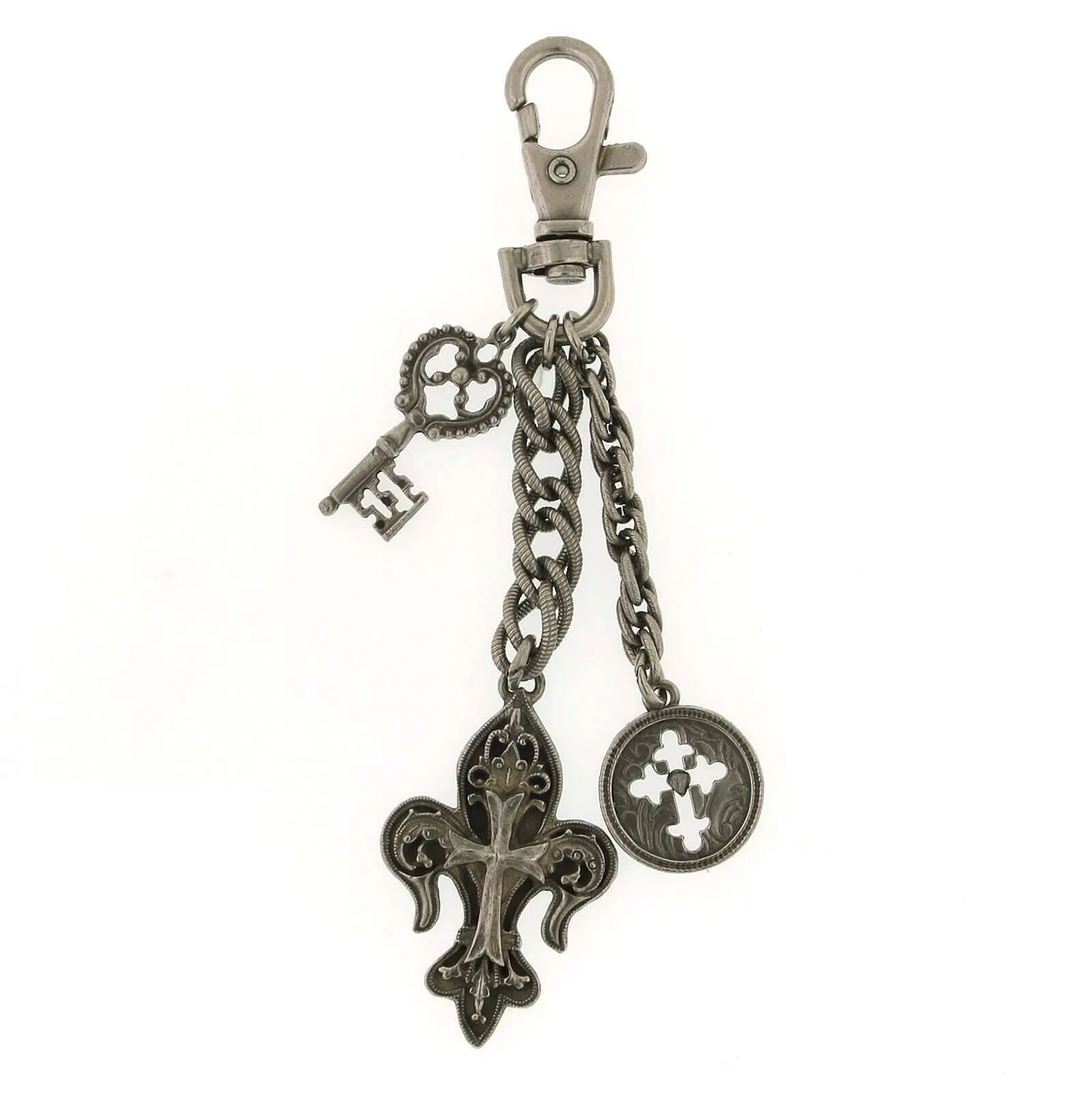 1928 Jewelry Skeleton Key, Fleur De Lis Cross & Budded Cross Medallion Key Chain 1928 Jewelry