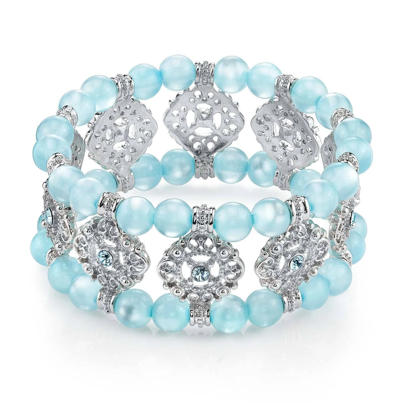 1928 Jewelry Smooth Cat's Eye Beaded Filigree Crystal Stretch Bracelet 1928 Jewelry