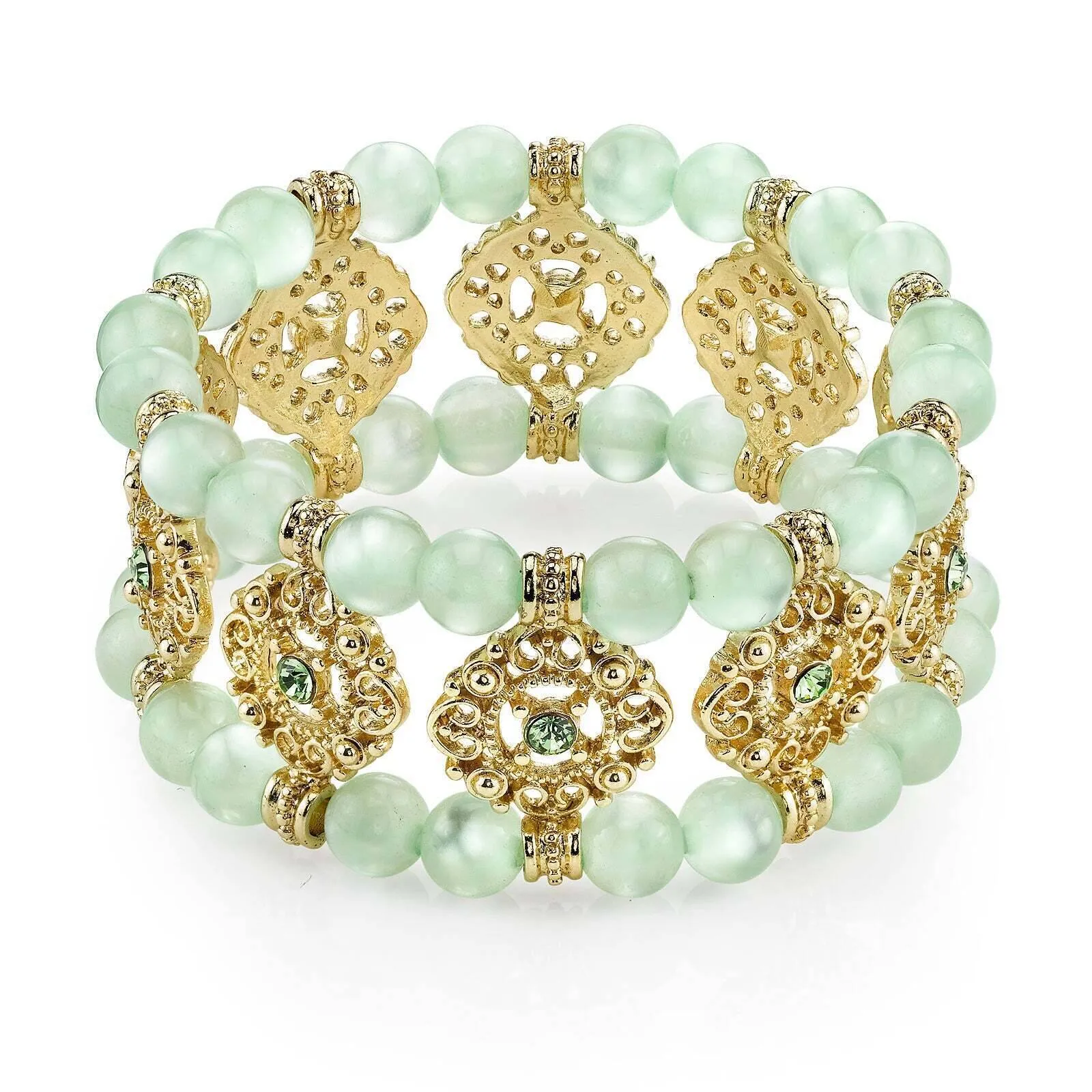 1928 Jewelry Smooth Cat's Eye Beaded Filigree Crystal Stretch Bracelet 1928 Jewelry