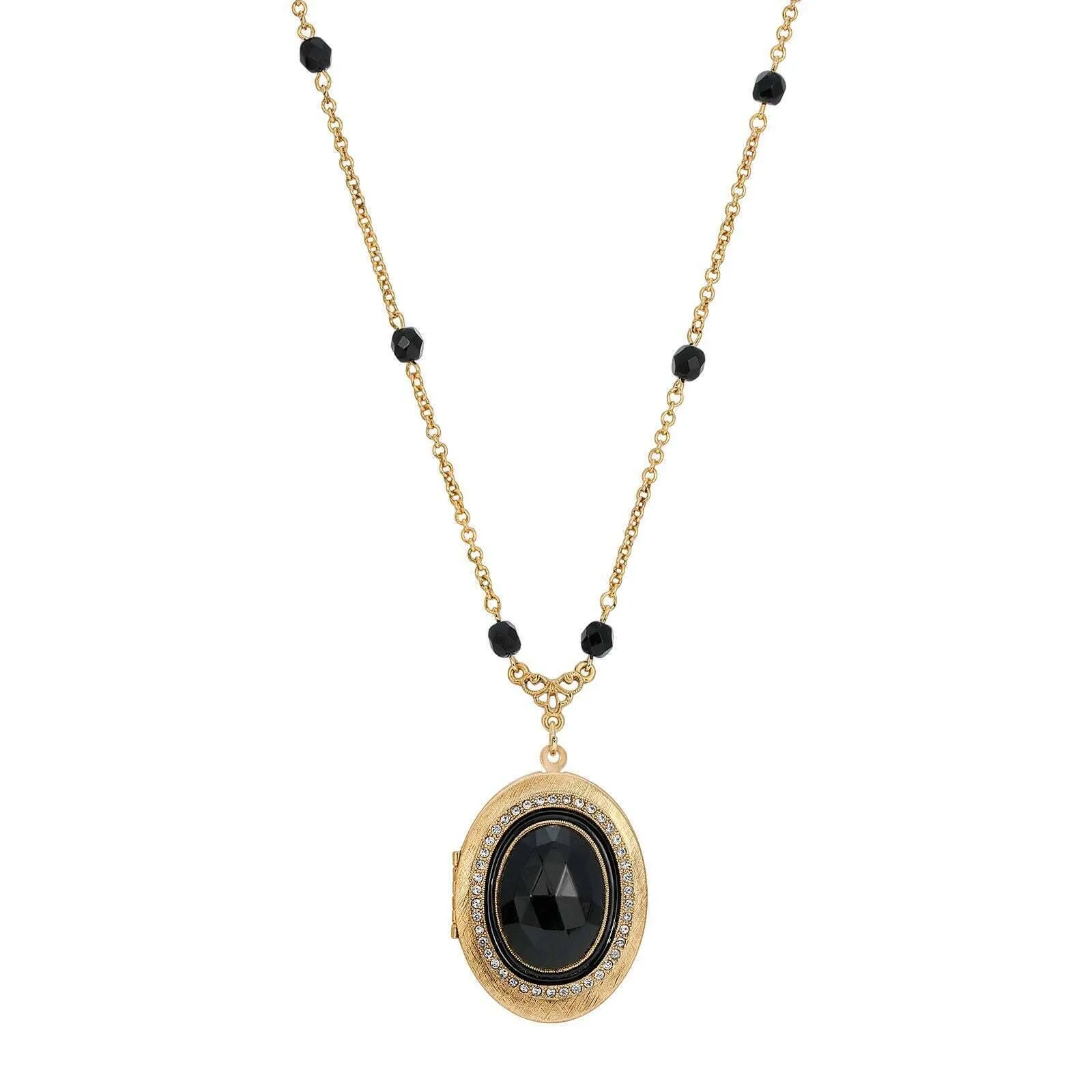 1928 Jewelry Soir̩e Jet Black Oval Stone Locket Necklace 30" 1928 Jewelry