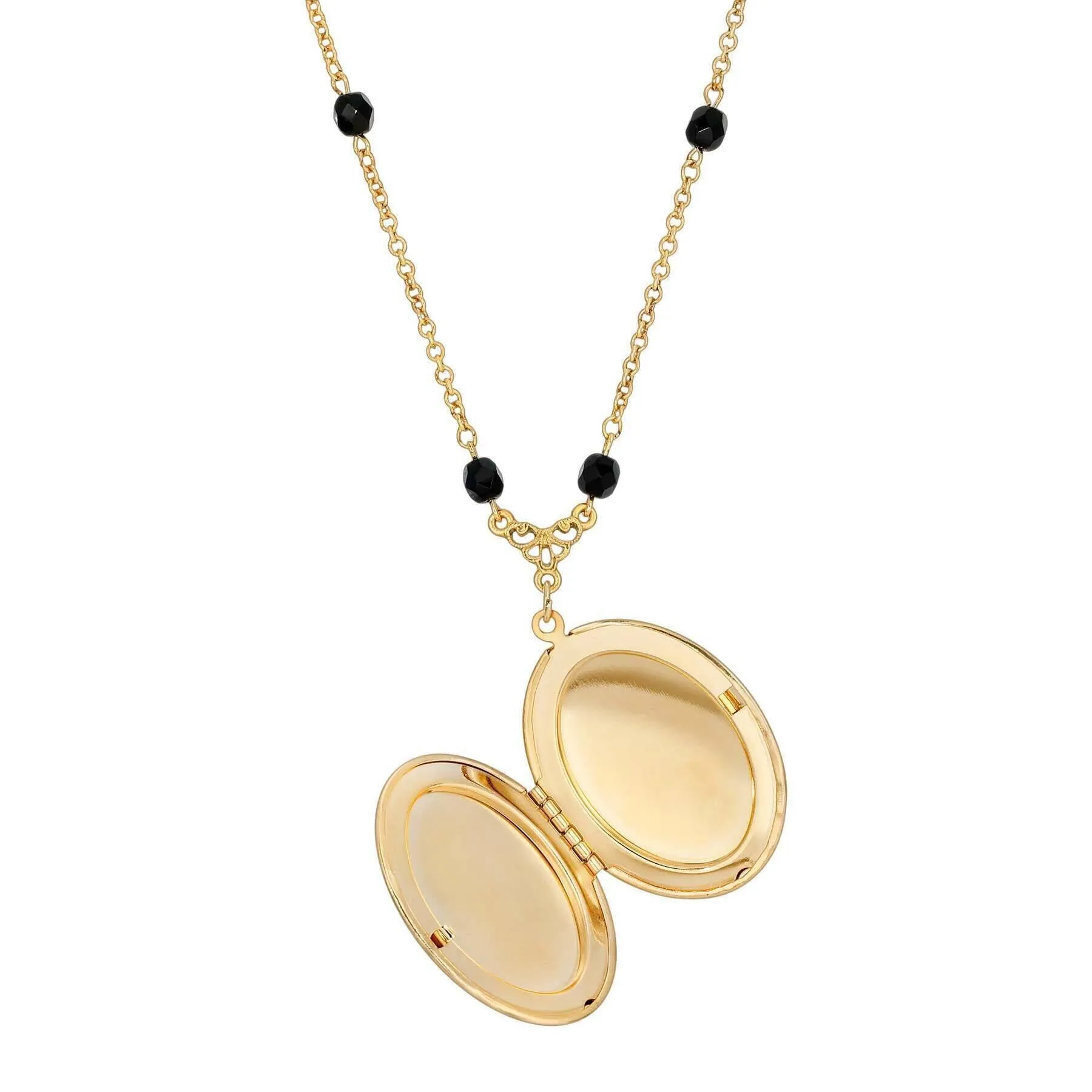 1928 Jewelry Soir̩e Jet Black Oval Stone Locket Necklace 30" 1928 Jewelry