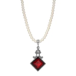 1928 Jewelry Square Siam Red Stone & Scroll 4mm Faux Pearl Strand Necklace 15"   3" Extender 1928 Jewelry