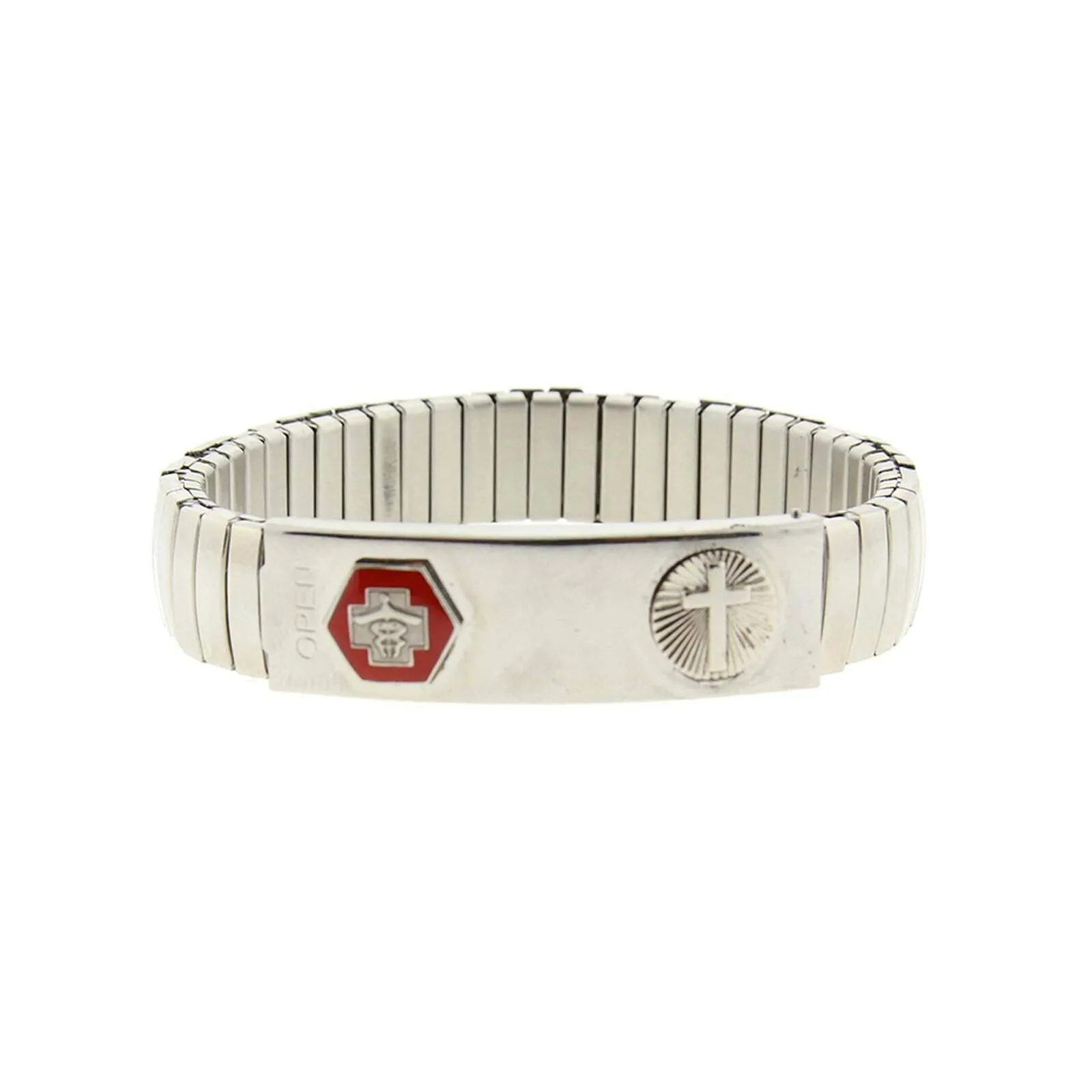 1928 Jewelry Stainless Steel Large Medical Alert ID Stretch Bracelet With Cross 1928 Jewelry