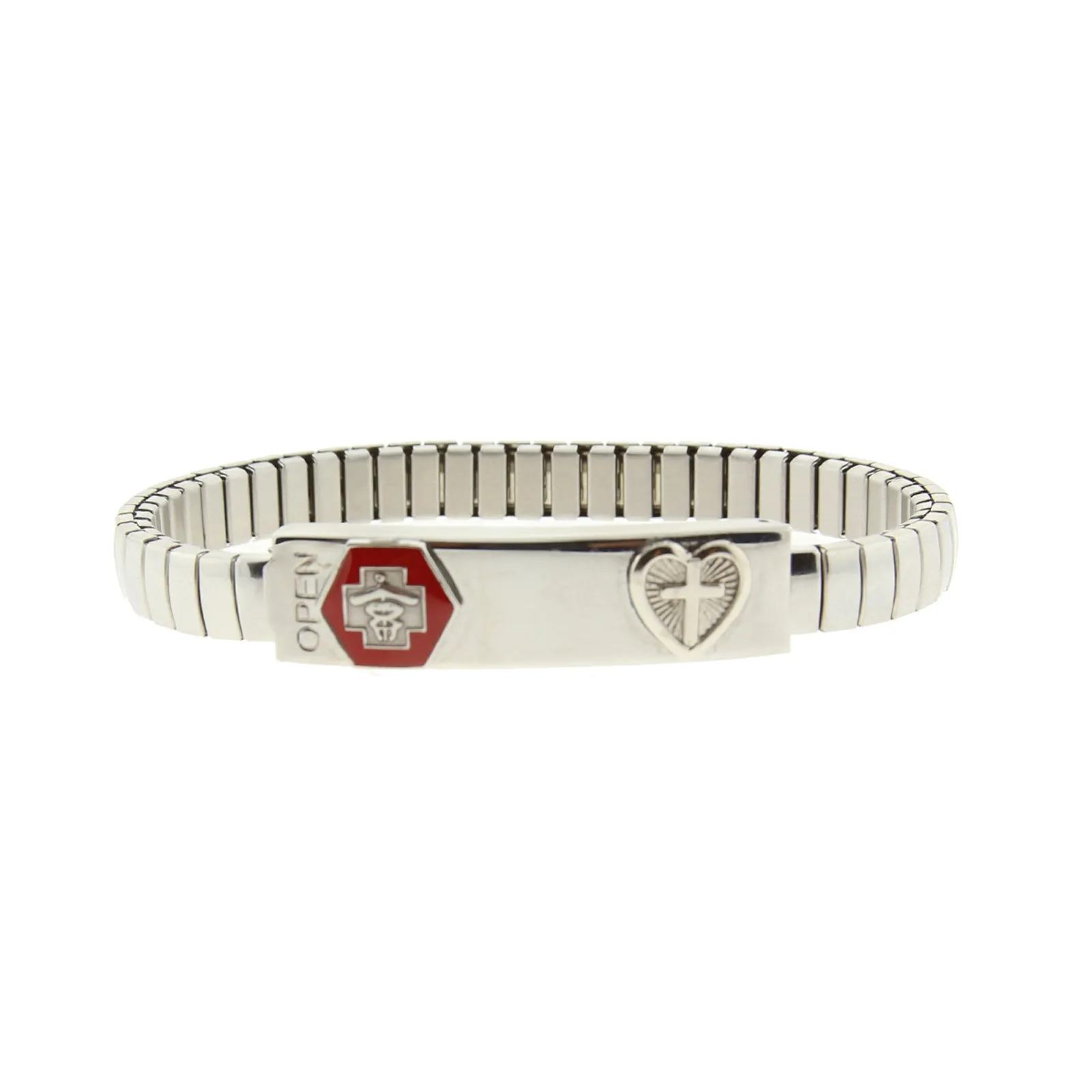1928 Jewelry Stainless Steel Large Medical Alert ID Stretch Bracelet With Cross 1928 Jewelry