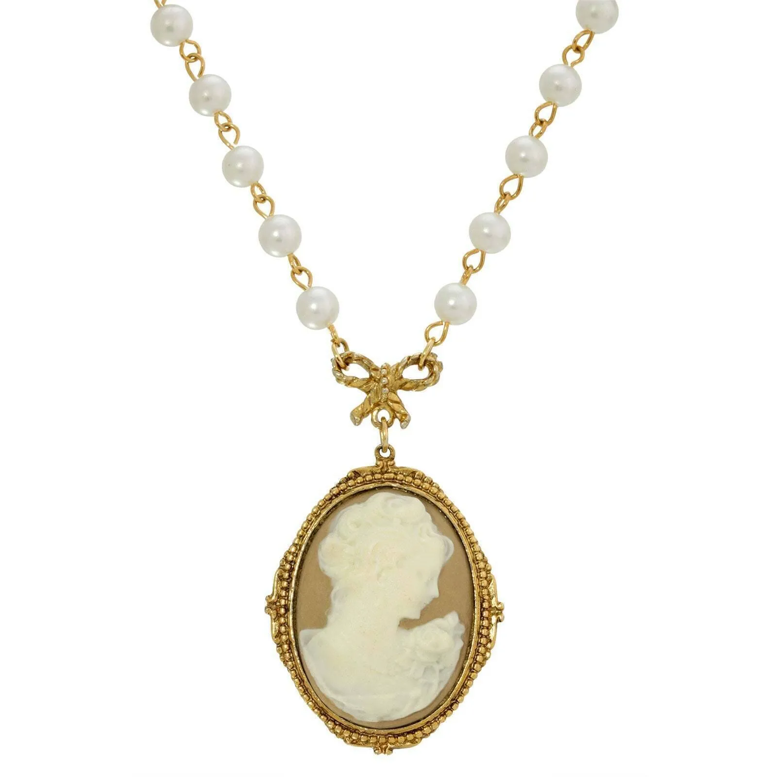 1928 Jewelry Taupe Cameo White Round 6mm Faux Pearl Strand Pendant Necklace 16"   3" Extender 1928 Jewelry