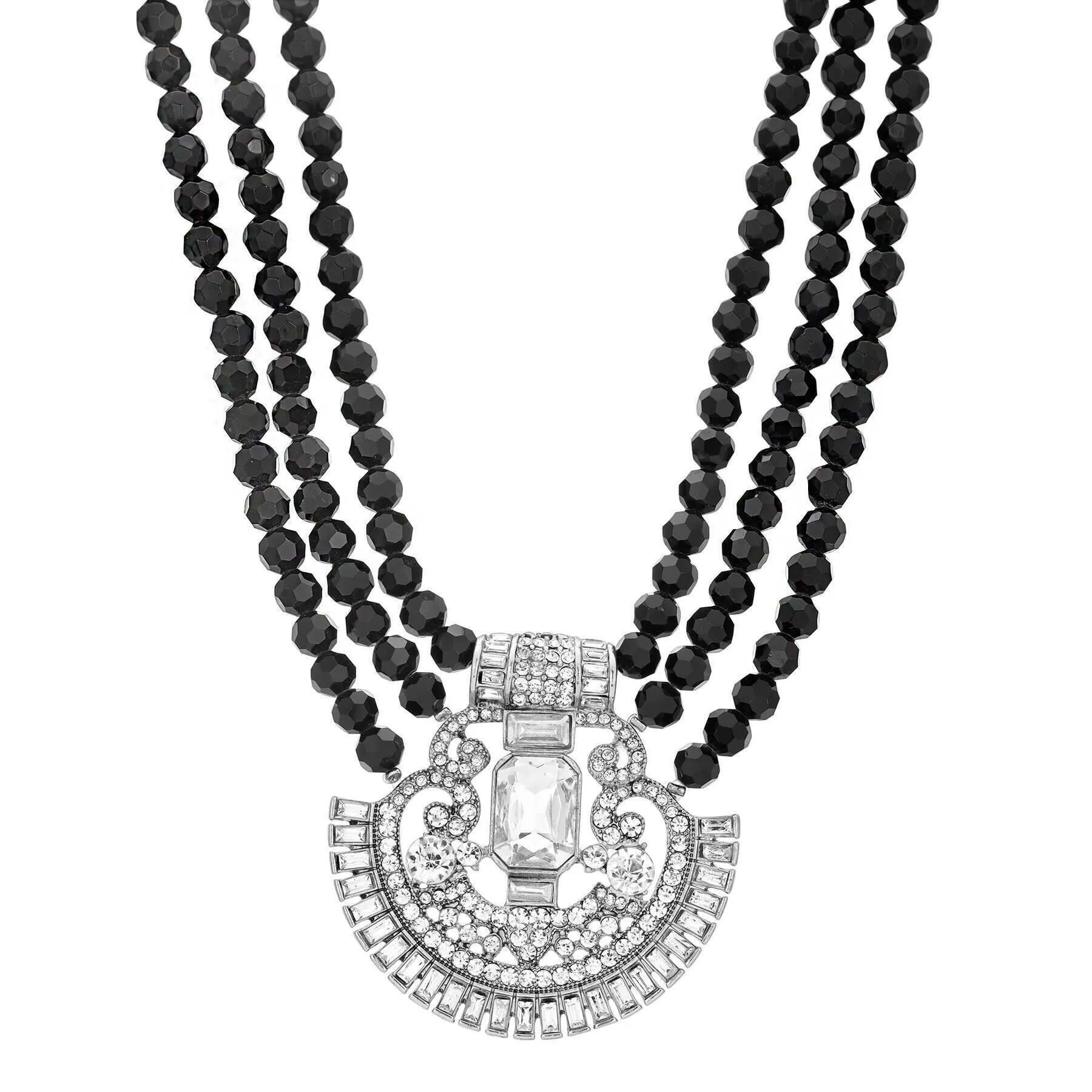 1928 Jewelry Three Row Beaded Strand Multi Crystal Pendant Necklace 16"   3" Extender 1928 Jewelry