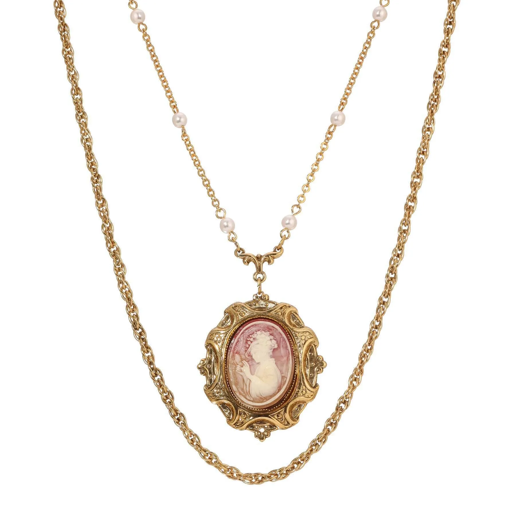 1928 Jewelry Victorian Reflections Carnelian & Ivory Cameo Pendant & Link Chain Necklace 24" 1928 Jewelry