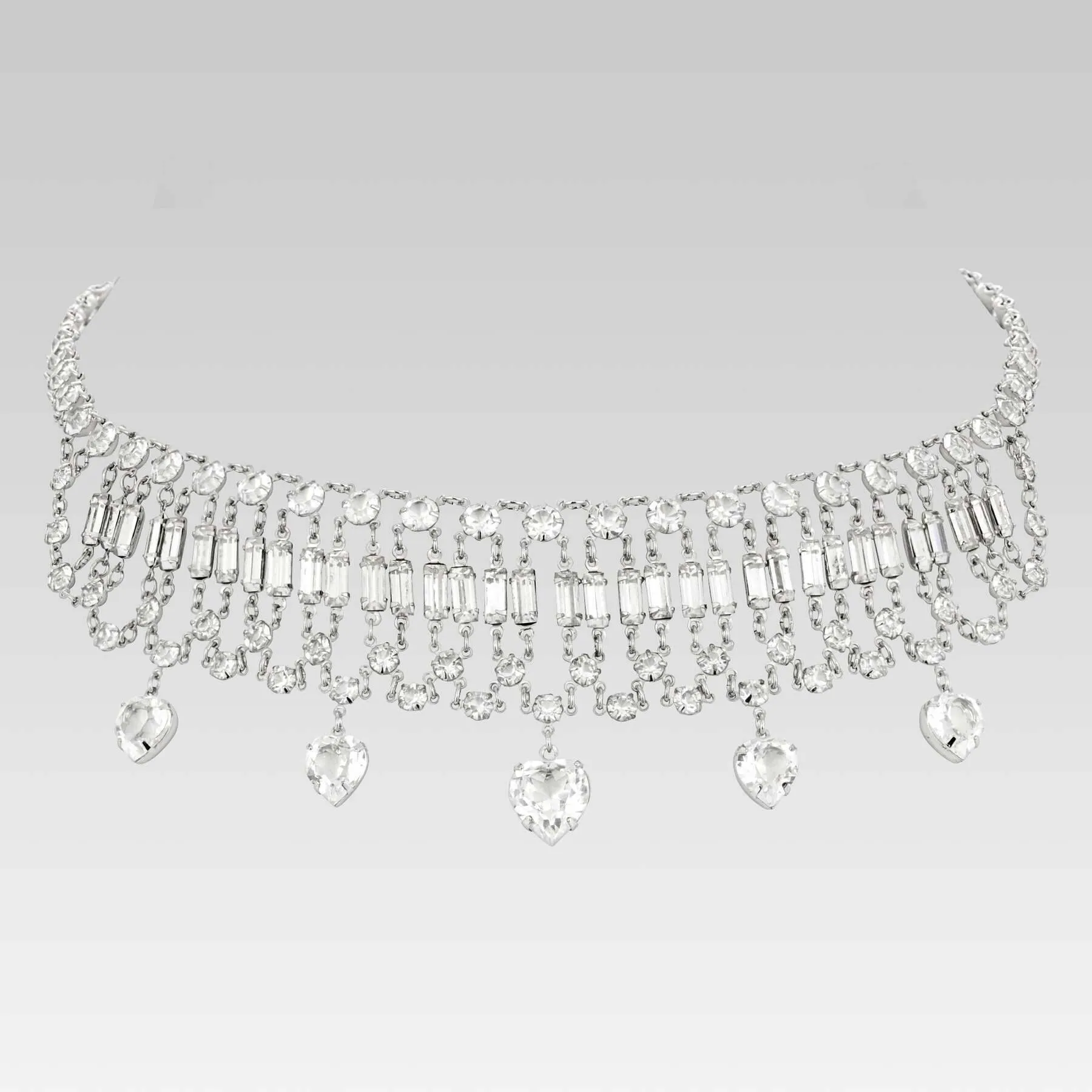 1928 Jewelry Vintage Austrian Crystal Baguette and Heart Drop Necklace 12.5   3" Extender 1928 Jewelry