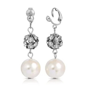 1928 Jewelry White Faux Pearl And Crystal Fireball Drop Clip On Earrings 1928 Jewelry