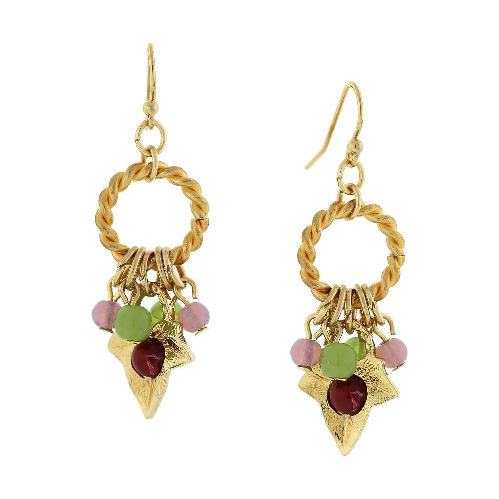 1928 Jewelry Winery Rope Hoop & Grape Leaf Multi-Color Beads Dangling Earrings 1928 Jewelry