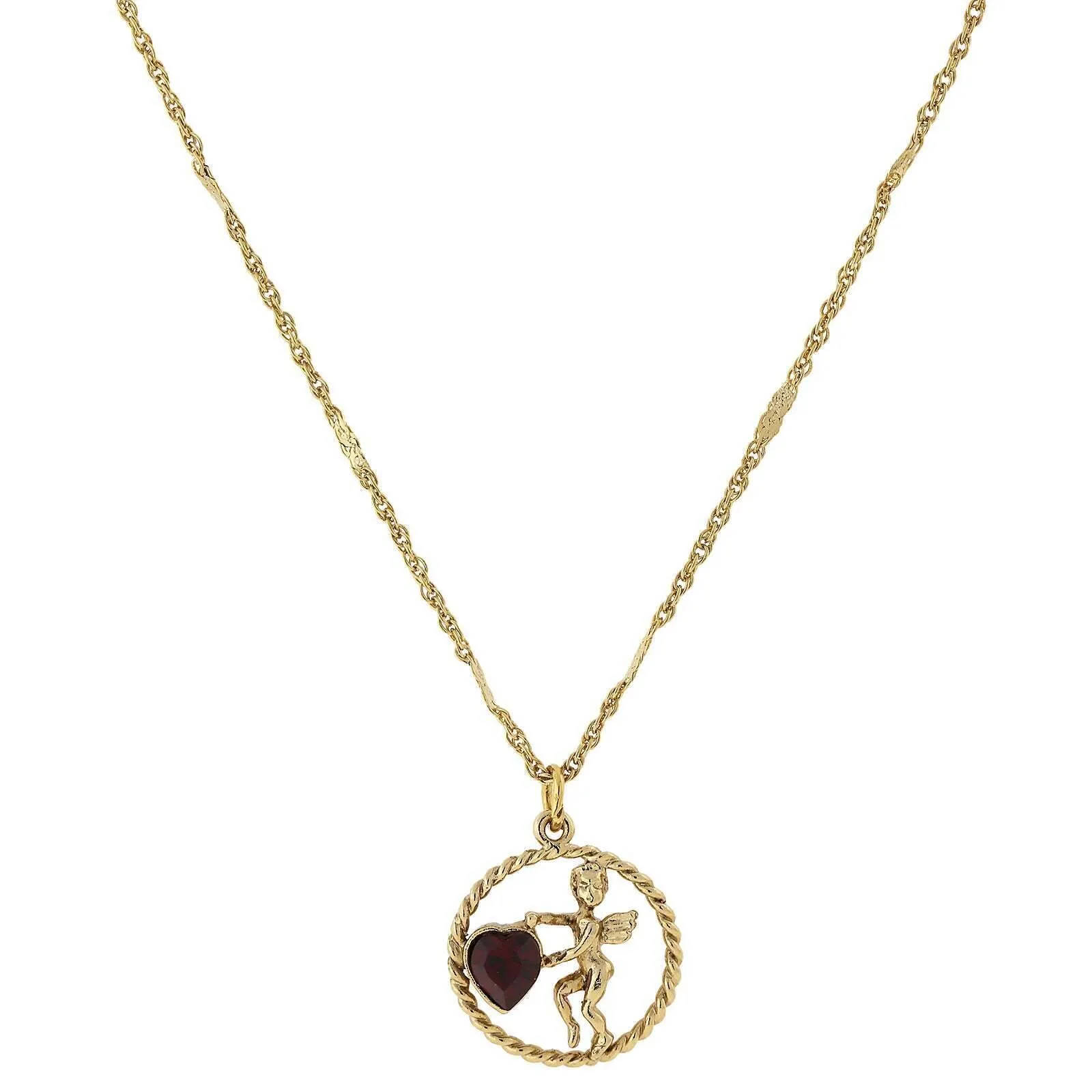 1928 Jewelry Winged Cherub Angel Crystal Heart Pendant Necklace 16"   3" Extender 1928 Jewelry