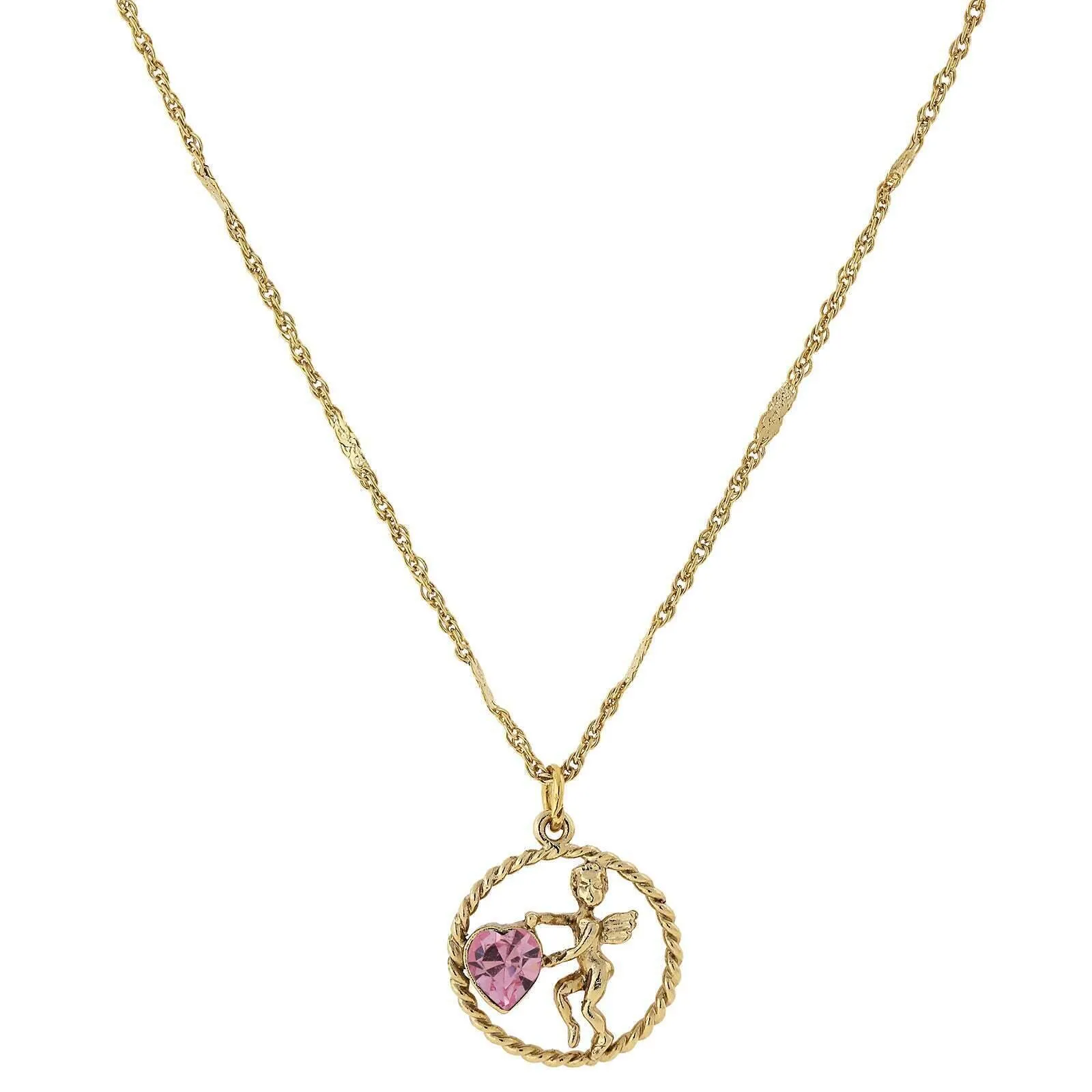 1928 Jewelry Winged Cherub Angel Crystal Heart Pendant Necklace 16"   3" Extender 1928 Jewelry