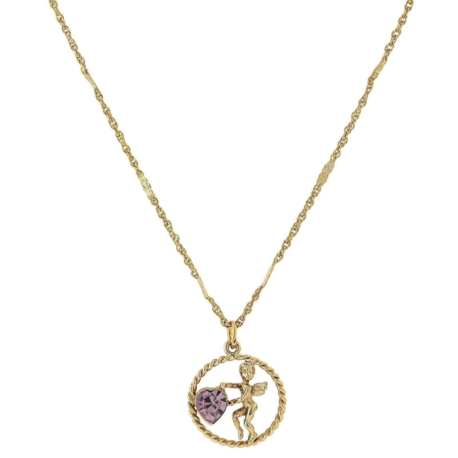 1928 Jewelry Winged Cherub Angel Crystal Heart Pendant Necklace 16"   3" Extender 1928 Jewelry