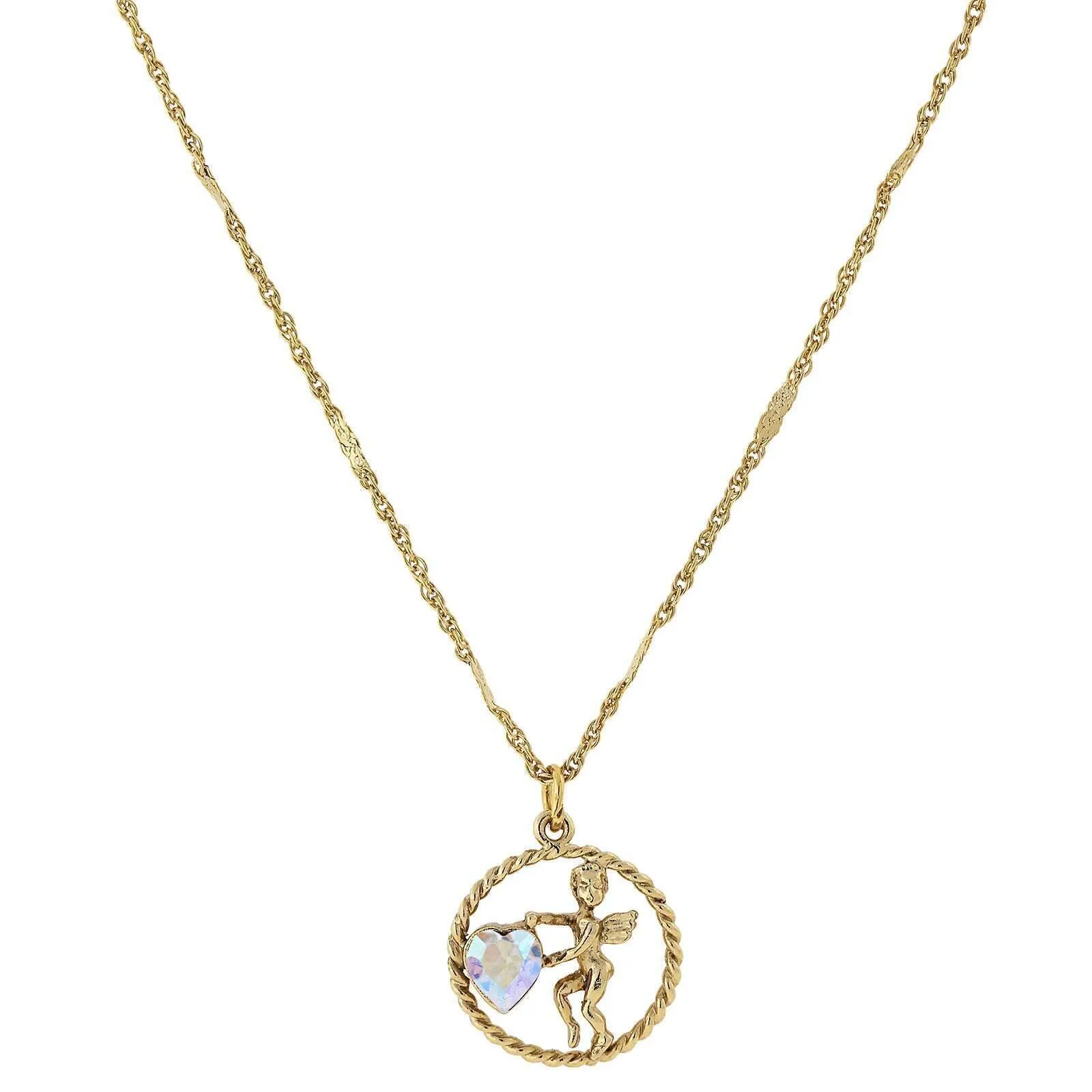 1928 Jewelry Winged Cherub Angel Crystal Heart Pendant Necklace 16"   3" Extender 1928 Jewelry