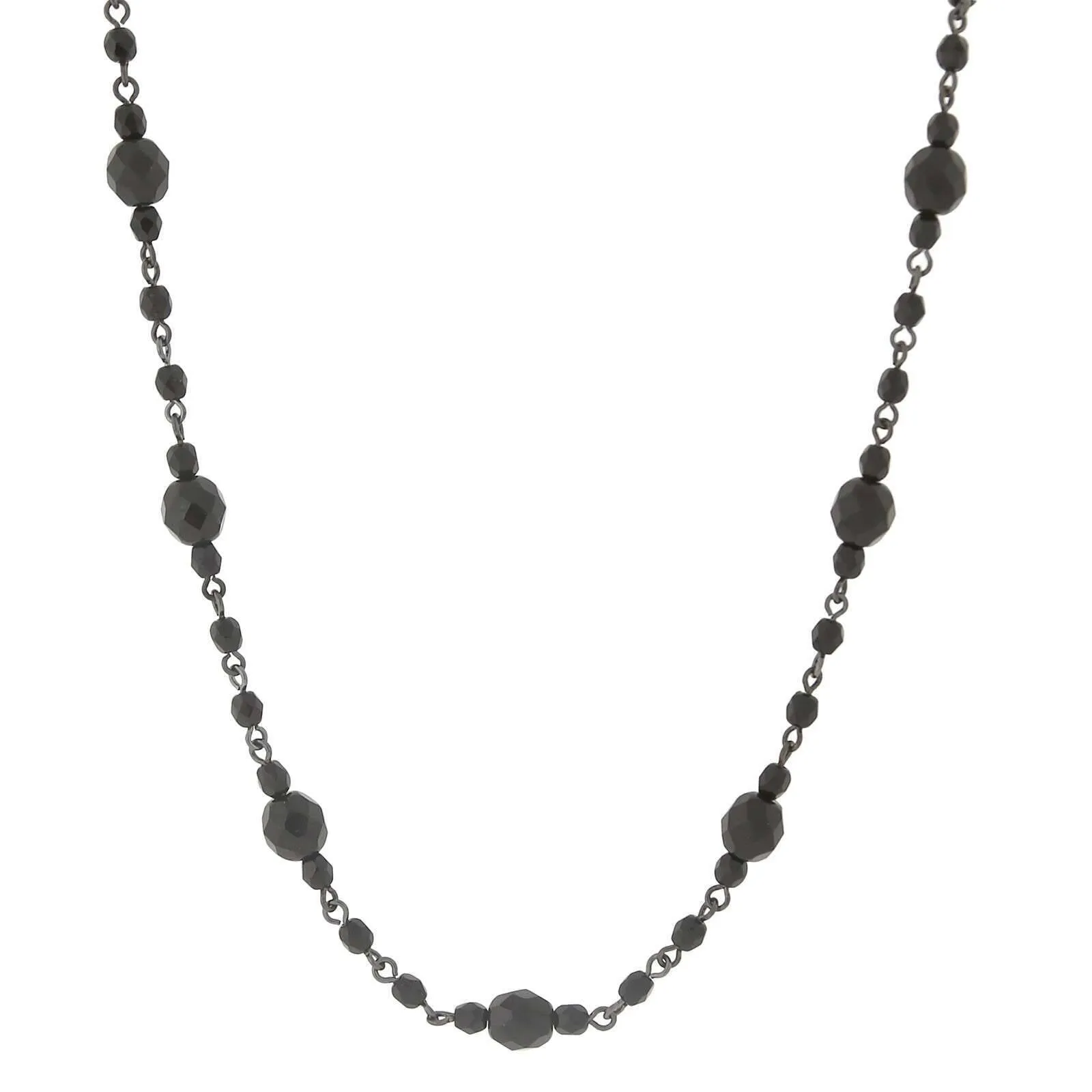 2028 Jet Black Fire Polished Glass Beaded Necklace 16"   3" Extension 1928 Jewelry