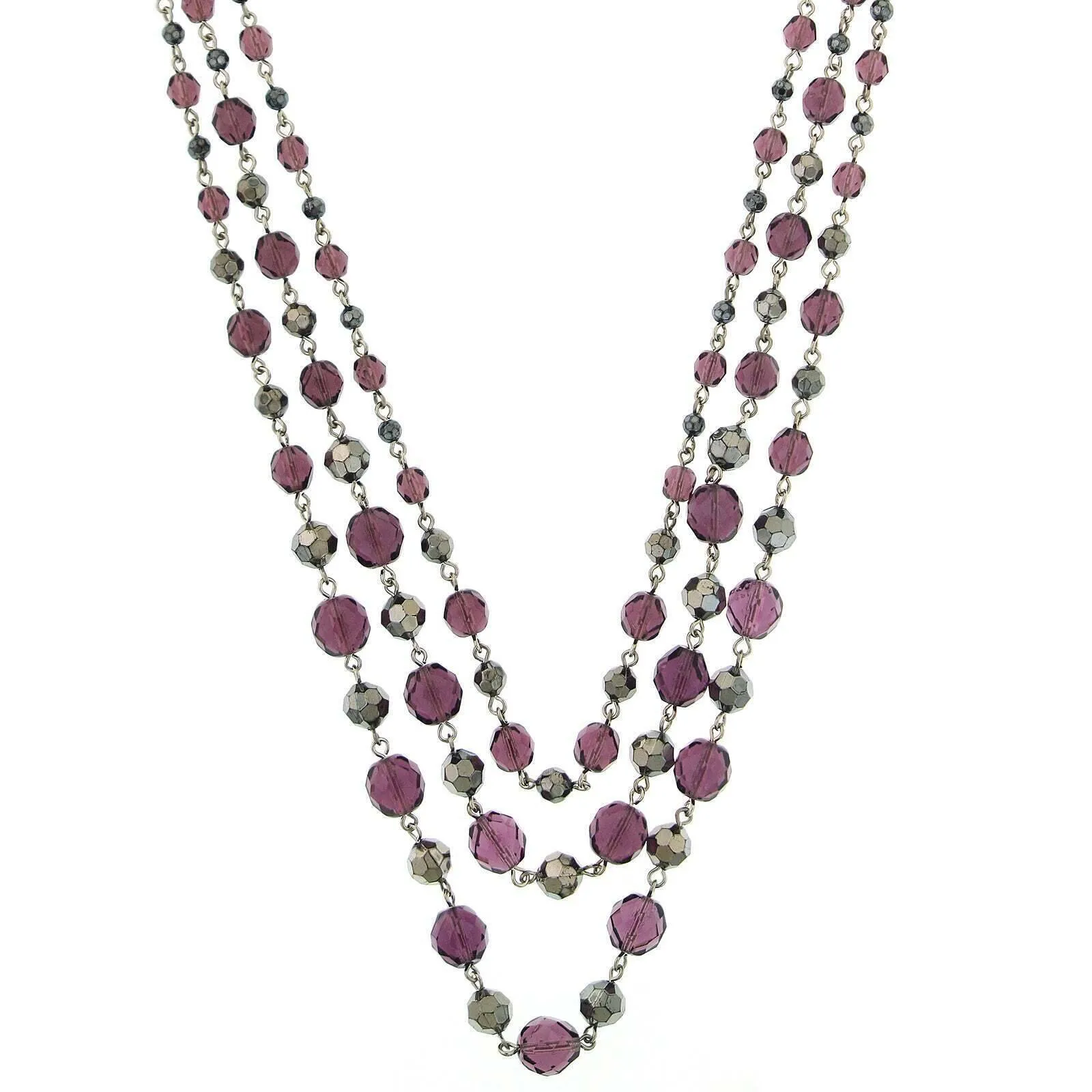 2028 Jewelry Amethyst Purple and Hematite-Color Beaded 3-Strand Necklace 16"   3" Extender 1928 Jewelry