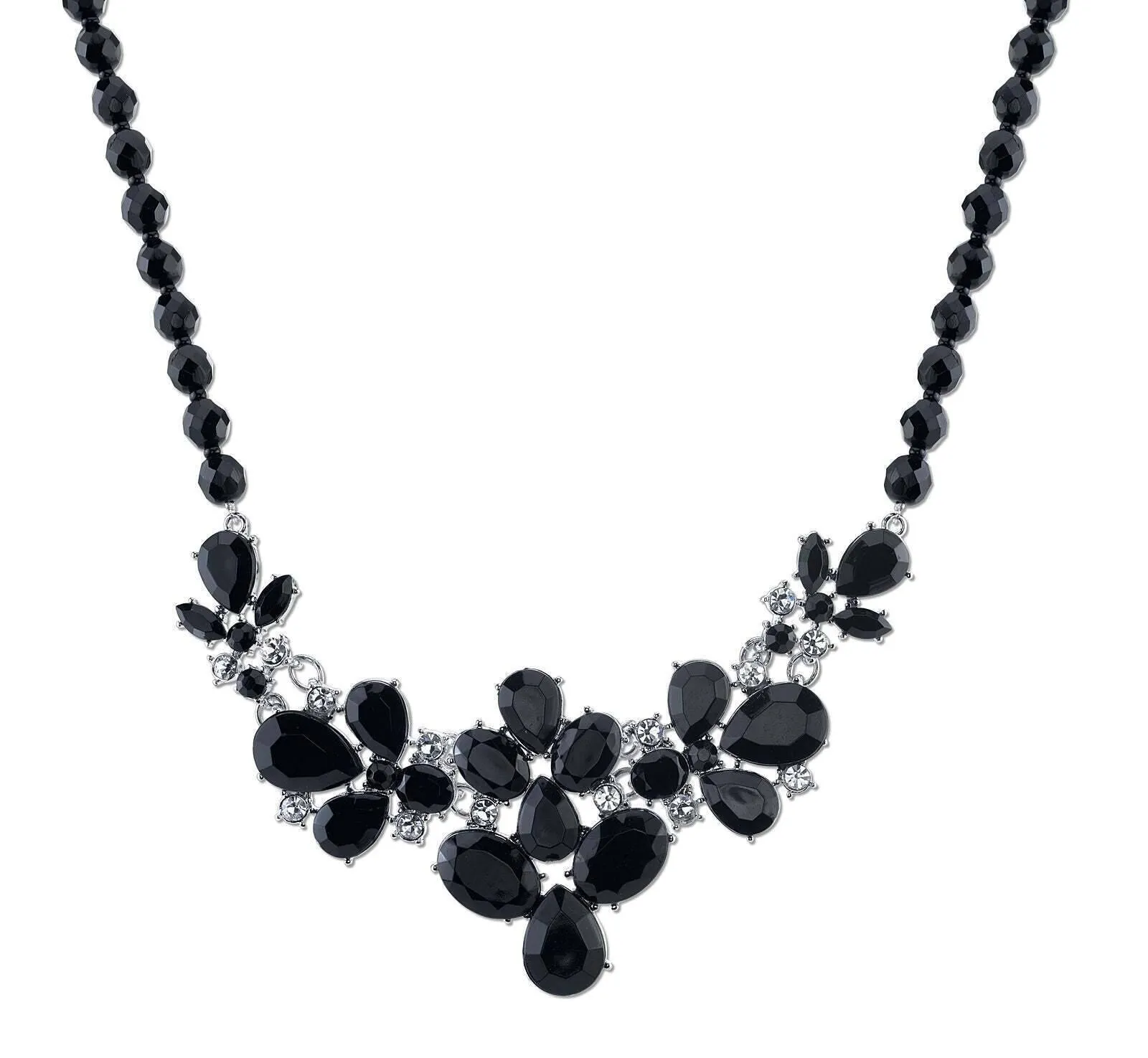 2028 Jewelry Black Faceted Bead & Teardrop Stones With Crystal Accent Bib Necklace 16"   3" Extender 1928 Jewelry
