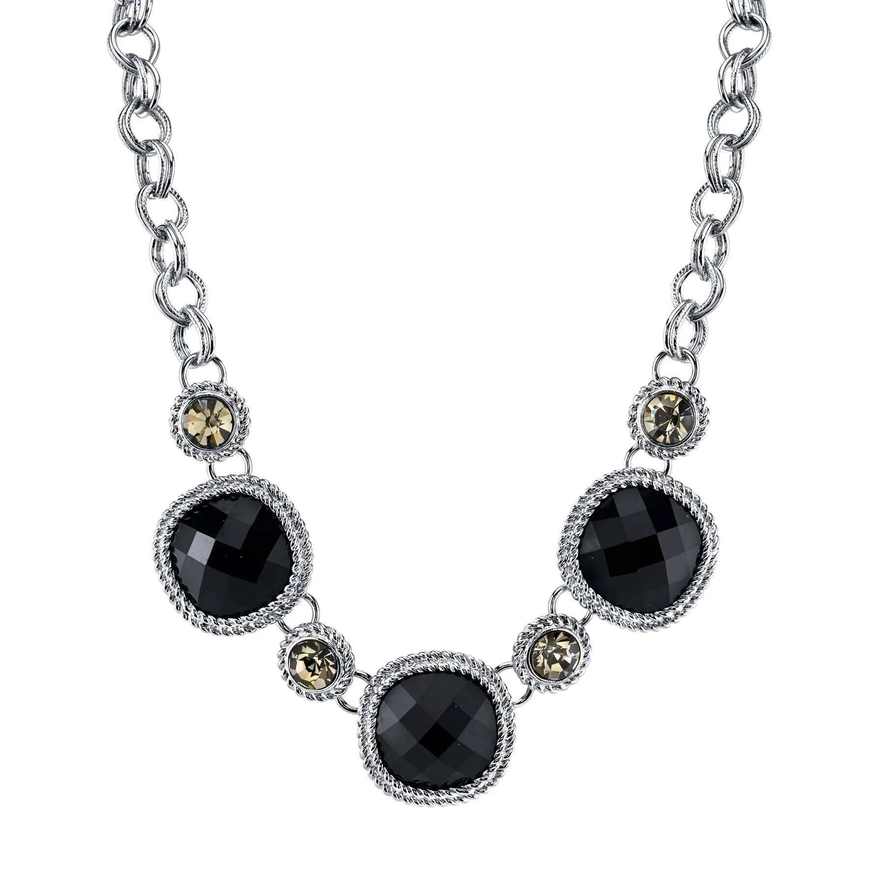 2028 Jewelry Black Faceted Stone & Black Diamond Crystal Necklace 16"   3" Extender 1928 Jewelry