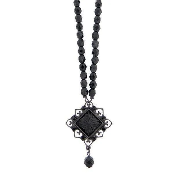 2028 Jewelry Black Square Beaded Pendant Necklace 15"   3" Extender 1928 Jewelry