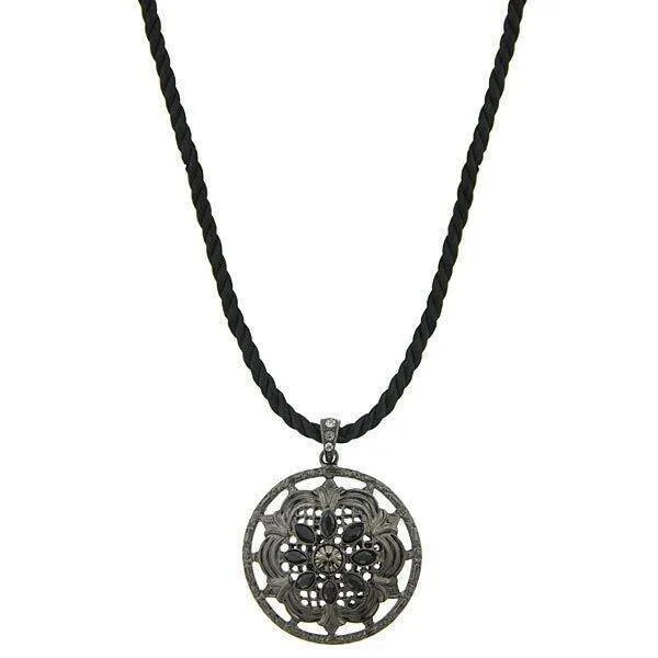 2028 Jewelry Black Twist Cord Round Black Crystal Floral Pendant Necklace 18" 1928 Jewelry