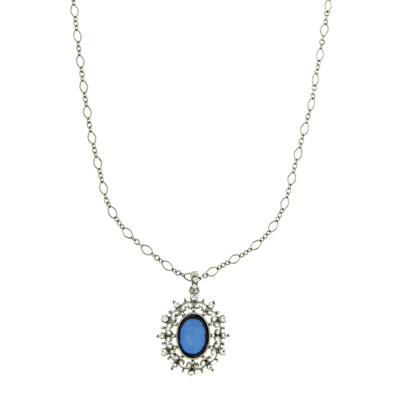 2028 Jewelry Blue Stone And Crystal Oval Pendant Necklace 16"   3" Extender 1928 Jewelry