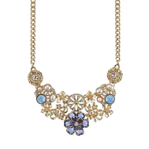 2028 Jewelry Blue With Clear Crystal And Faux Pearl Flower Bib Necklace 16"   3" Extender 1928 Jewelry