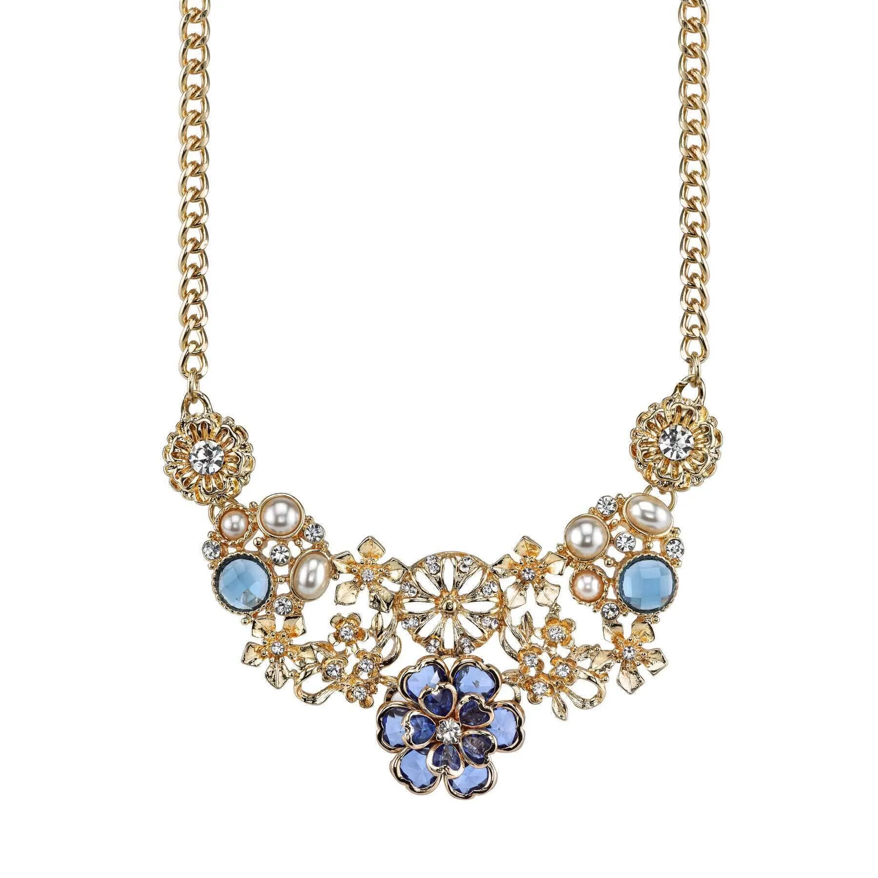 2028 Jewelry Blue With Clear Crystal And Faux Pearl Flower Bib Necklace 16"   3" Extender 1928 Jewelry