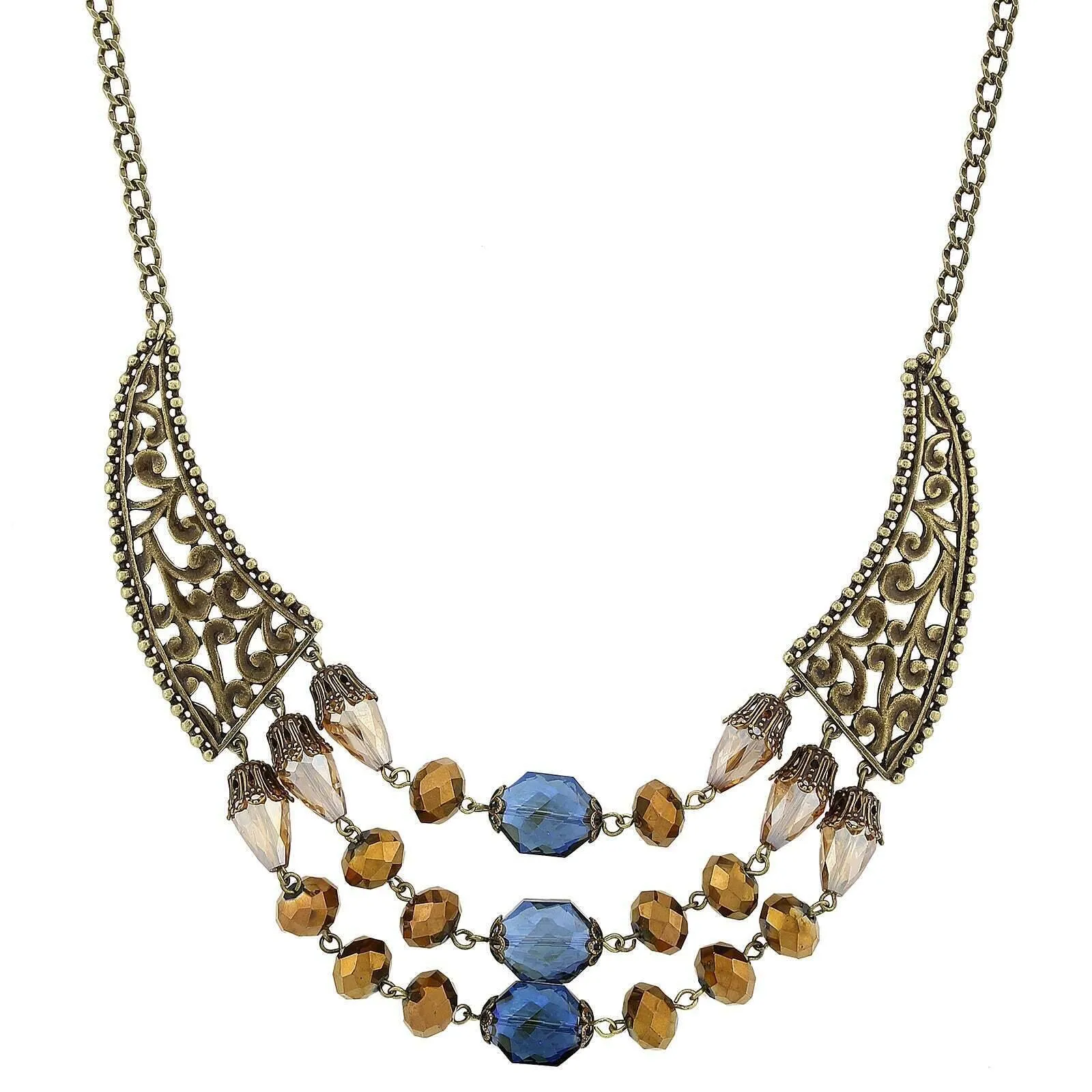 2028 Jewelry Burnished Brass Bronze Blue Light Topaz Bib Necklace 16"   3" Extender 1928 Jewelry