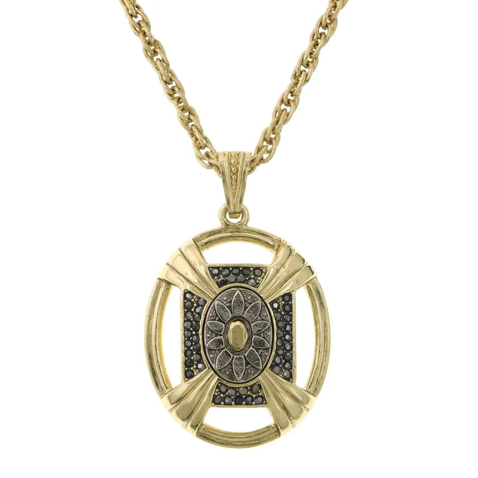 2028 Jewelry Daisy Hematite Crystal Oval Floral Pendant Necklace 32" 1928 Jewelry
