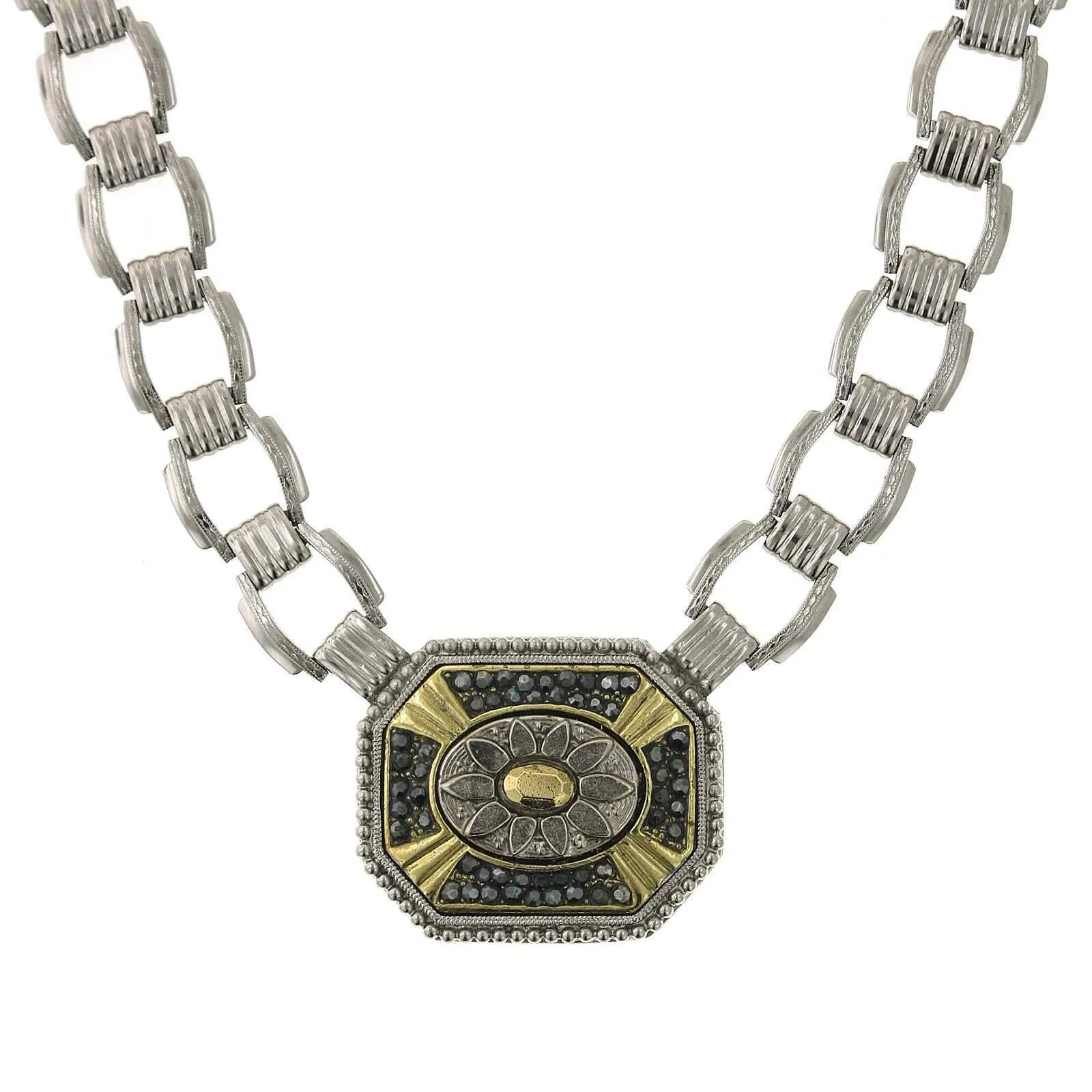 2028 Jewelry Daisy Octagonal Hematite Stone Link Pendant Necklace 16" 1928 Jewelry