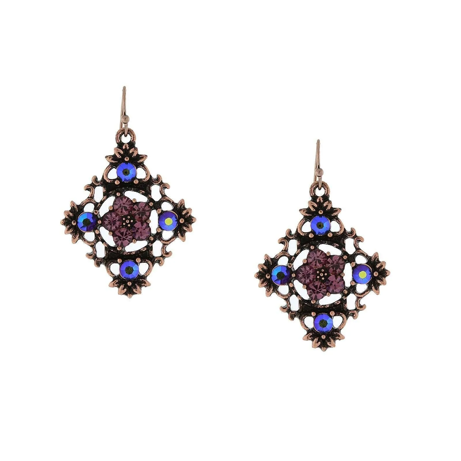 2028 Jewelry Diamond Shaped Filigree Flower Crystal Drop Earrings 1928 Jewelry