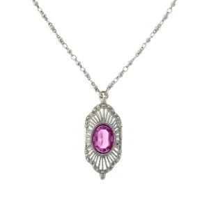 2028 Jewelry Fuchsia Pink Stone Faux Marcasite Deco Pendant Necklace 16"   3" Extender 1928 Jewelry