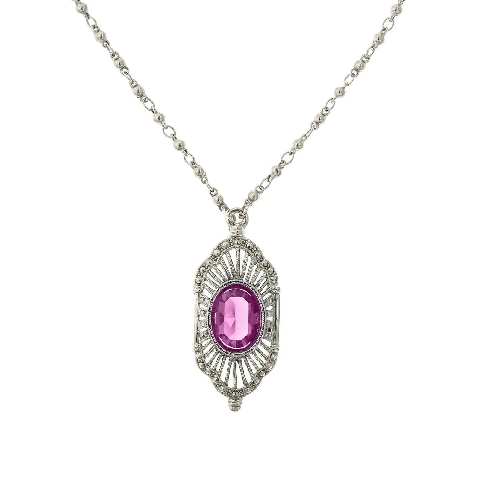 2028 Jewelry Fuchsia Pink Stone Faux Marcasite Deco Pendant Necklace 16"   3" Extender 1928 Jewelry
