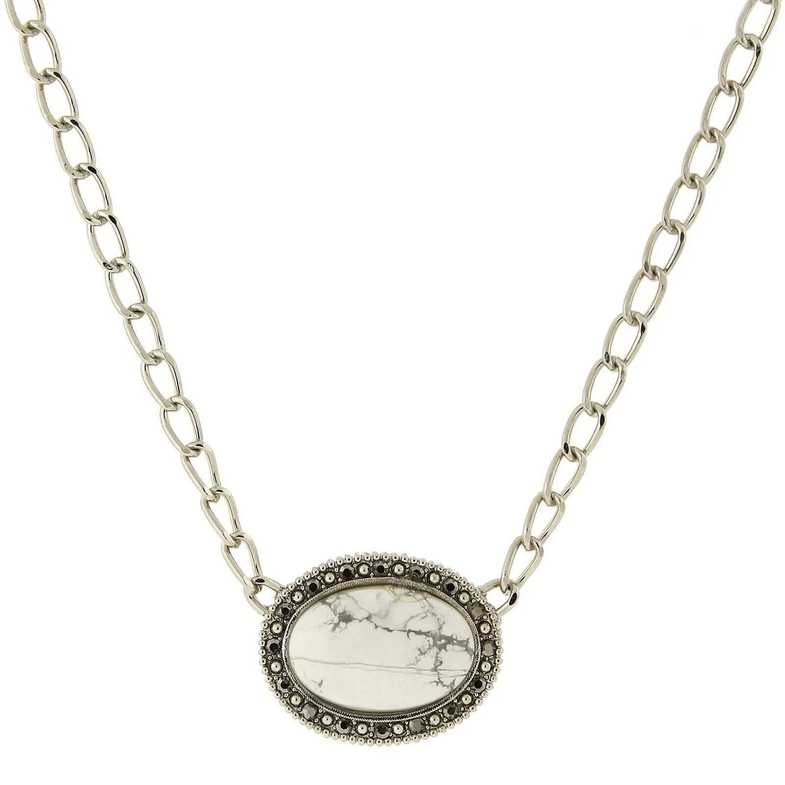2028 Jewelry Gemstone White Howlite And Hematite Pendant Necklace 16" 1928 Jewelry