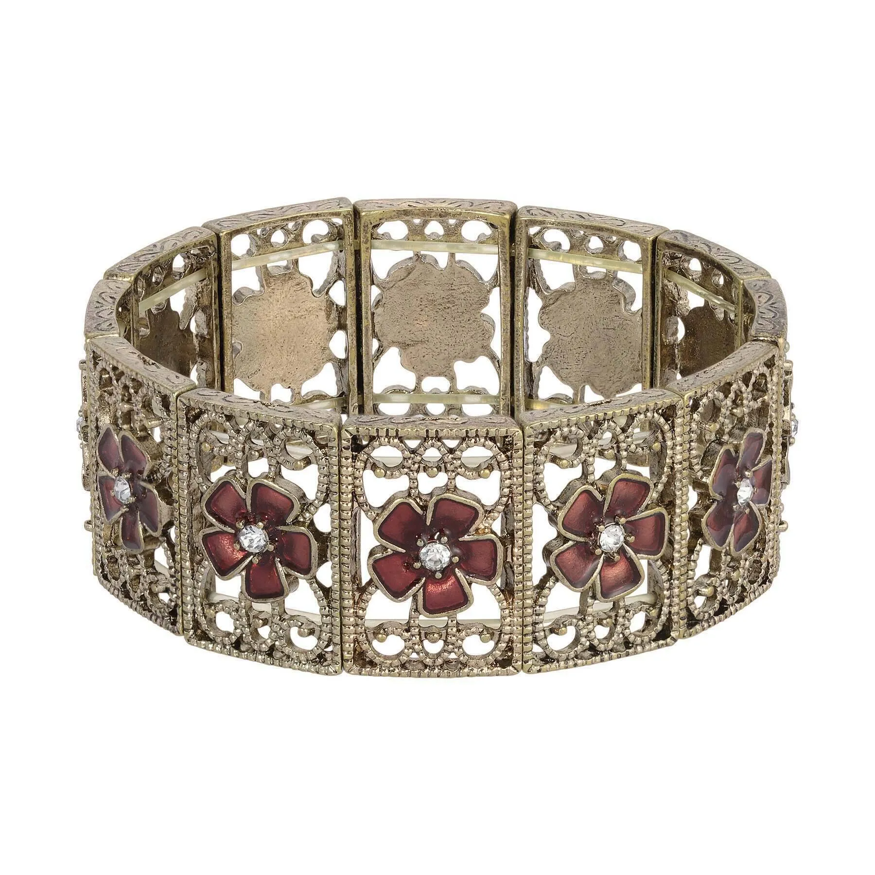 2028 Jewelry Hibiscus Flowers And Crystal Filigree Stretch Bracelet 1928 Jewelry