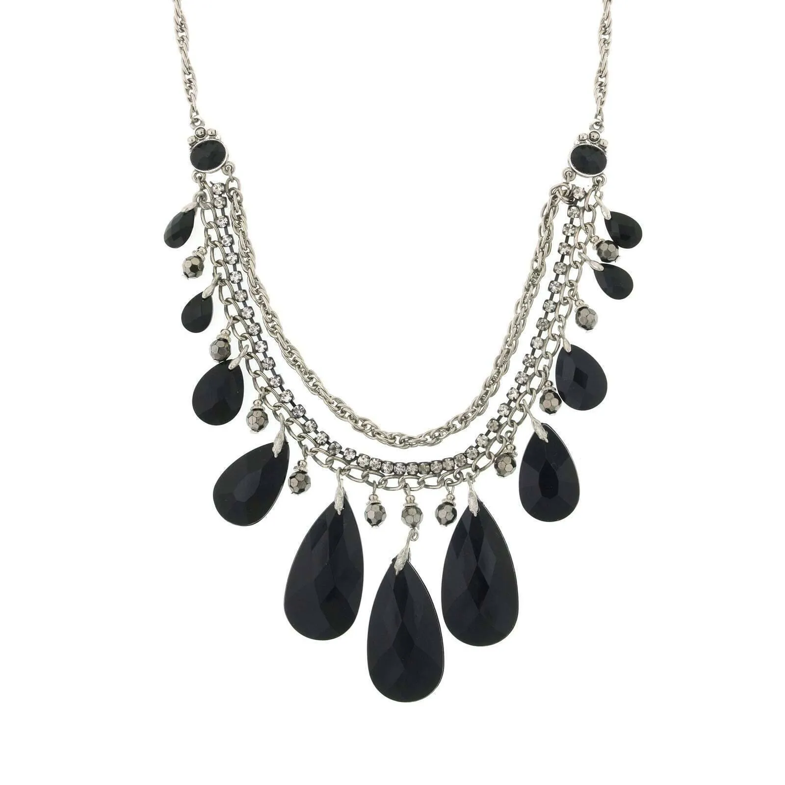 2028 Jewelry Jet Black Briolette Multi Chain Bib Necklace 16"   3" Extension 1928 Jewelry