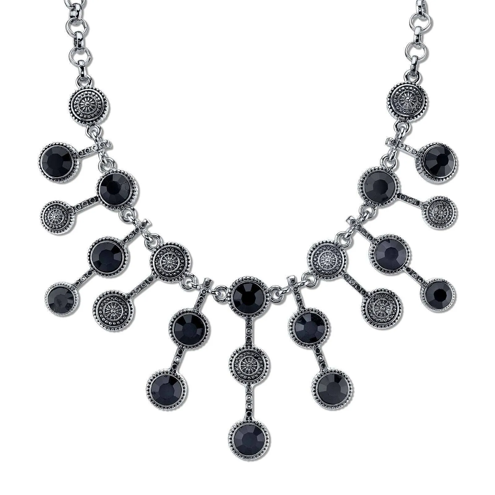 2028 Jewelry Mid Century Inspired Sunburst Glass Black Stone Bib Necklace 16"   3" Extender 1928 Jewelry