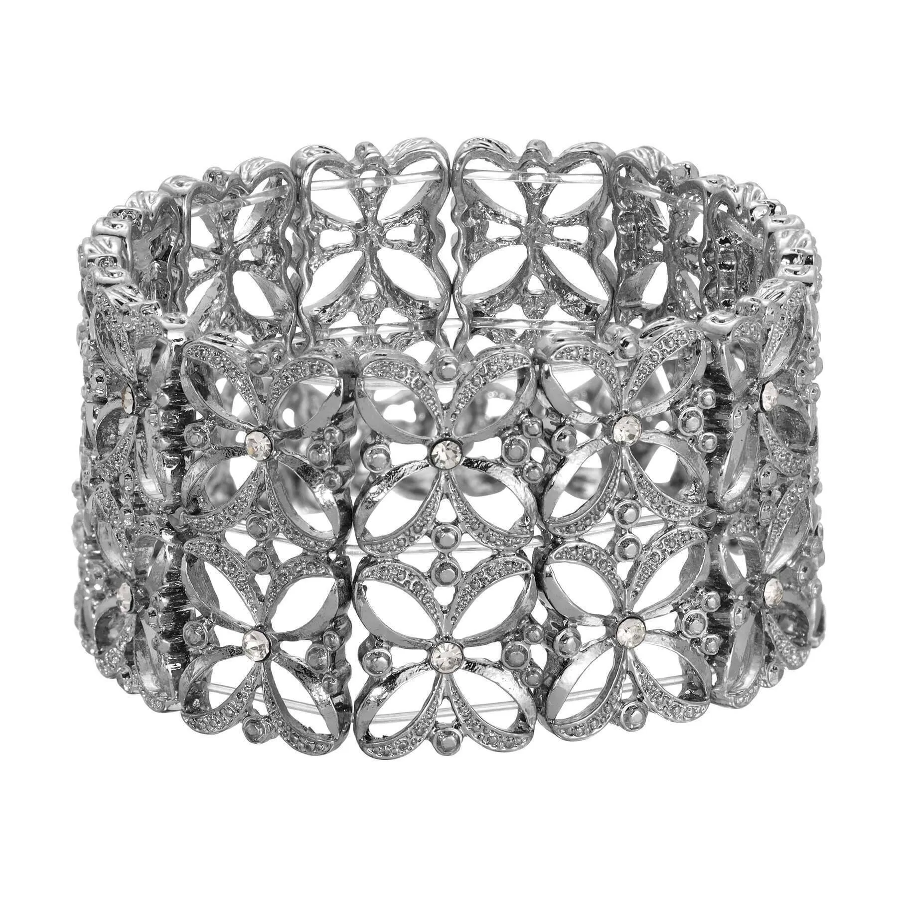 2028 Jewelry Ornate Filigree Flowers & Crystal Wide Stretch Bracelet 1928 Jewelry