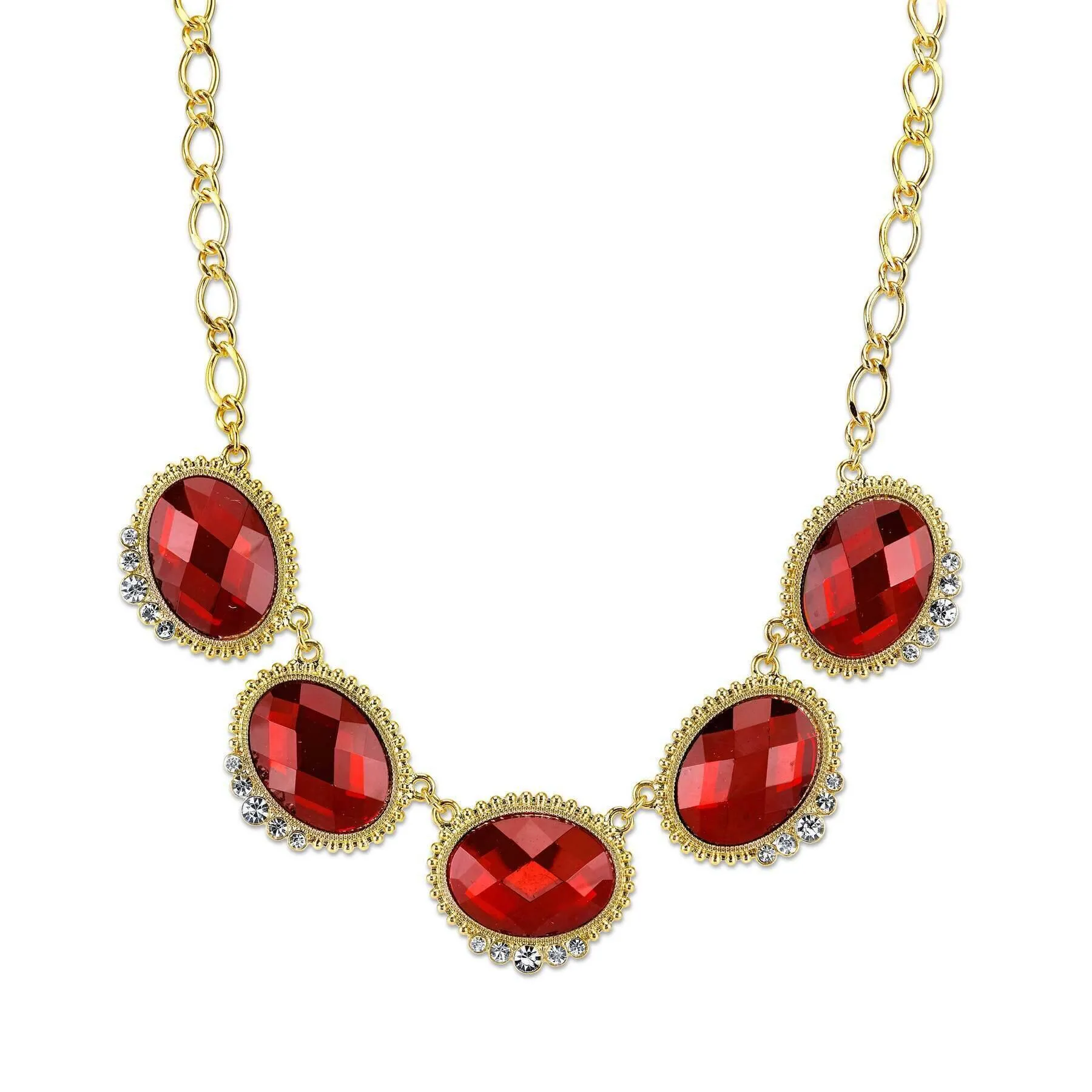 2028 Jewelry Red With Crystal Accent Oval Faceted Station Collar Necklace 16"   3" Extender 1928 Jewelry