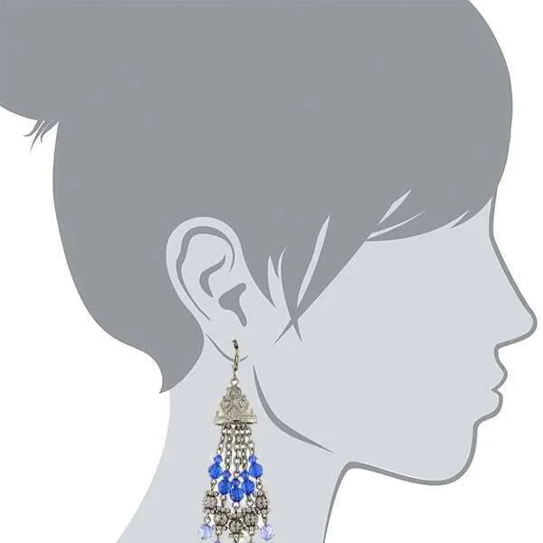 2028 Jewelry Sapphire Blue Crystal Round Puff Filigree Beaded Tassel Drop Earrings 1928 Jewelry