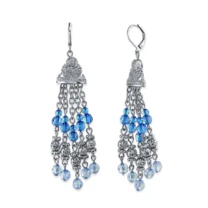 2028 Jewelry Sapphire Blue Crystal Round Puff Filigree Beaded Tassel Drop Earrings 1928 Jewelry
