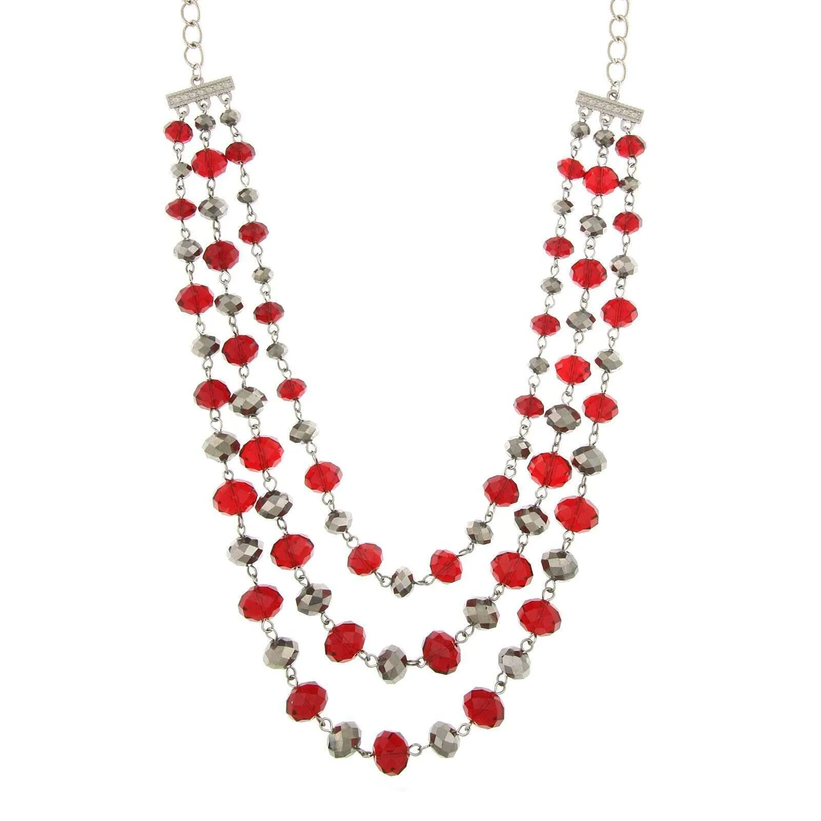2028 Jewelry Siam Red And Hematite Color Beaded 3-Strand Necklace 18" 1928 Jewelry