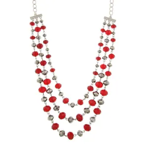 2028 Jewelry Siam Red And Hematite Color Beaded 3-Strand Necklace 18" 1928 Jewelry