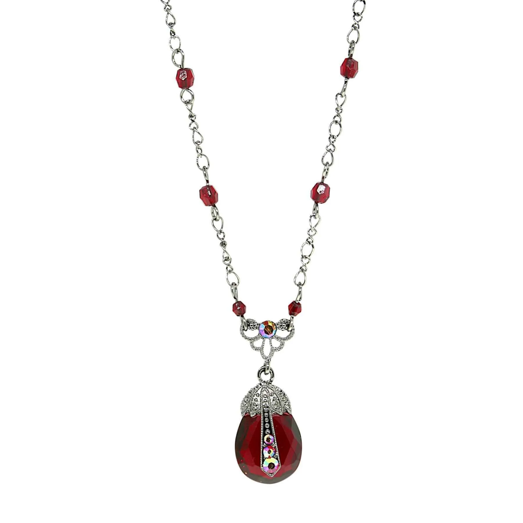 2028 Jewelry Siam Red Teardrop Pendant AB Crystal Accent Red Beaded Black Chain Necklace 16"   3" Extender 1928 Jewelry